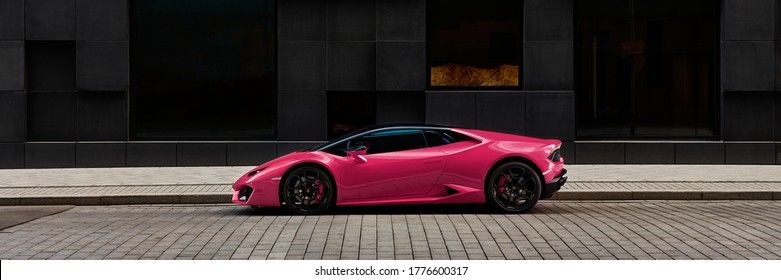 Oslo / Norway, 06.03.2016: Pink Lamborghini Huracan In Front Of Office Building On Wismargata Street
