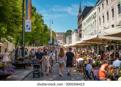 Oslo, Oslo  Norway -06.26.2021:  An Annual LGBT Pride Celebration In Oslo.  Rainbow Flags And Happy People In The City.