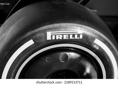 Oslo. Norway - 08.12.2022: Formula 1 Pirelli tire in black and white.