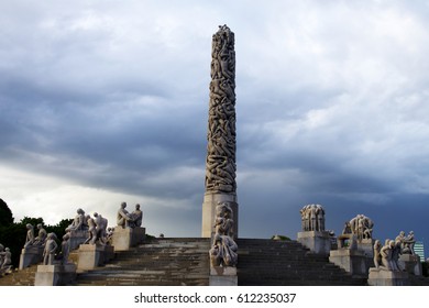 OSLO, NORWAY - 11.06.2016 - Historically Part Of Frogner Manor Vigeland Sculpture Park In Frogner Park Obelisk Monolith.