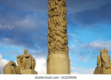 OSLO, NORWAY - 11.06.2016 - Historically Part Of Frogner Manor Vigeland Sculpture Park In Frogner Park Obelisk Monolith.