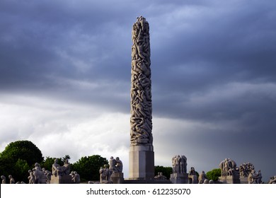 OSLO, NORWAY - 11.06.2016 - Historically Part Of Frogner Manor Vigeland Sculpture Park In Frogner Park Obelisk Monolith.