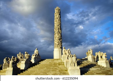 OSLO, NORWAY - 11.06.2016 - Historically Part Of Frogner Manor Vigeland Sculpture Park In Frogner Park Obelisk Monolith.