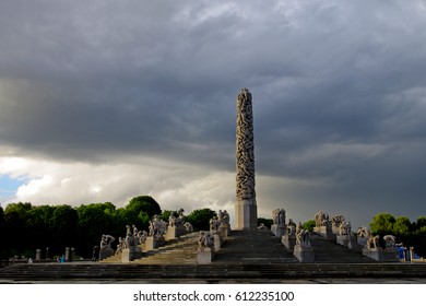 OSLO, NORWAY - 11.06.2016 - Historically Part Of Frogner Manor Vigeland Sculpture Park In Frogner Park Obelisk Monolith.