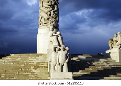 OSLO, NORWAY - 11.06.2016 - Historically Part Of Frogner Manor Vigeland Sculpture Park In Frogner Park Obelisk Monolith.