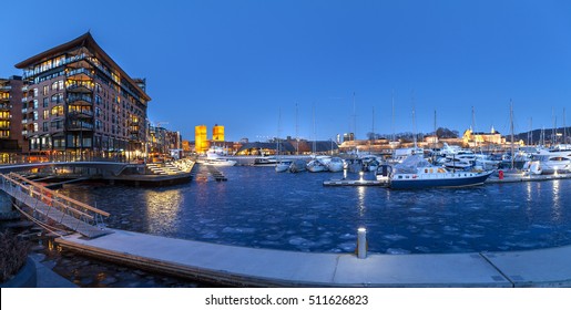 OSLO, NORWAY - 27 FEB 2016: Panoramic view of marina with Akershus Fortress and City hall