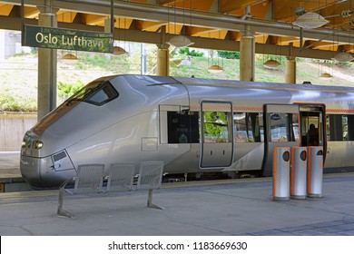 OSLO, NORWAY -9 AUG 2018- The Flytoget Airport Express Train Is A Norwegian High Speed Rail Connecting The Oslo Airport Gardermoen (OSL) To Oslo Central Station In Nineteen Minutes.