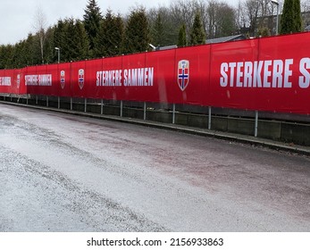 OSLO, NORWAY - Apr 04, 2022: The Inscription Sterkere Sammen, Stronger Together, With The Norwegian National Team Logo  Oslo, Norway 