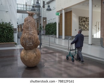 Oslo, Norway April 2017: Man Walk Inside The University Hospital Rikshospitalet 