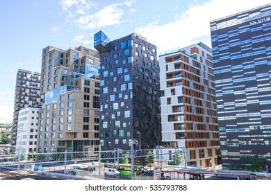 OSLO, NORWAY - AUG 10, 2016. Oslo Downtown Modern Nordic Architecture. Office And Business Buildings In Sunny Summer Day