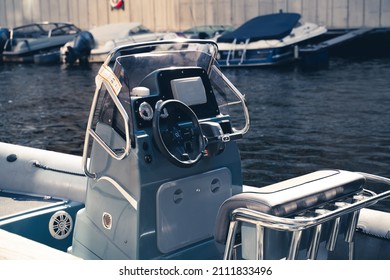 Oslo, Norway - Aug 21st 2021:  Rib Boat Control Console By The Port On A Summers Day. 