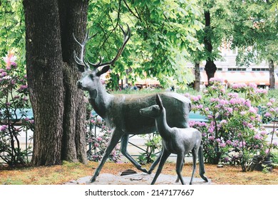 Oslo, Norway - August 2, 2019: Deer statue in a park on Karl Johans gate street