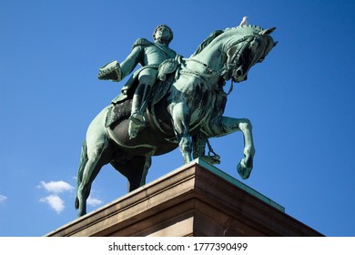 Oslo, Norway. August, 23, 2015: The Statue Of King Karl Johan At Slottsplassen, In Front Of The Royal Palace, Oslo, Norway, By Brynjulf Bergslien.