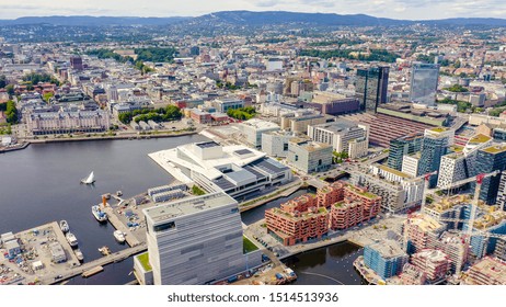 Oslo, Norway. City Center From The Air. Embankment Oslo Fjord. Oslo Opera, From Drone  