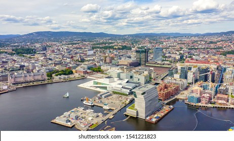 Oslo, Norway. City Center From The Air. Embankment Oslo Fjord. Oslo Opera House, From Drone  