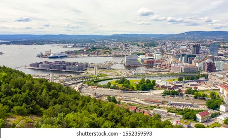 Oslo, Norway. City Center From The Air. Embankment Oslo Fjord. Oslo Opera House, From Drone  