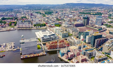 Oslo, Norway. City Center From The Air. Embankment Oslo Fjord. Oslo Opera House, From Drone  