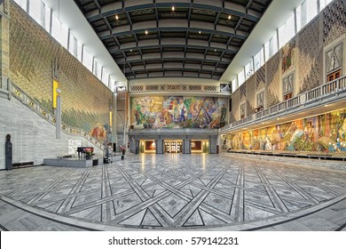 OSLO, NORWAY - JANUARY 22, 2017: Main Hall In Oslo City Hall. The Main Hall Serves As The Venue For Major Functions, Including The Nobel Peace Prize Award Ceremony. The Entrance To City Hall Is Free.