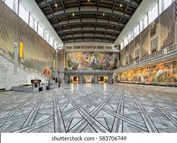 OSLO, NORWAY - JANUARY 22, 2017: Main Hall In Oslo City Hall. The Main Hall Serves As The Venue For Major Functions, Including The Nobel Peace Prize Award Ceremony. Entrance To The City Hall Is Free.