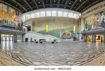 OSLO, NORWAY - JANUARY 24, 2017: Panorama Of Main Hall In Oslo City Hall. The Main Hall Is The Venue For The Nobel Peace Prize Award Ceremony. Entrance To The City Hall Is Free.