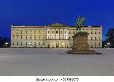 OSLO, NORWAY - JANUARY 24, 2017: Royal Palace And Karl XIV Johan Monument In Night. The Palace By Design Of Hans Linstow Was Built In 1825-1849. The Monument By Brynjulf Bergslien Was Erected In 1875.