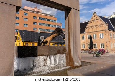 OSLO, NORWAY - JULY 9, 2019: Christian IV's Hand Sculpture, Historic Town Plaza.