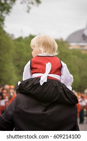 Oslo, Norway - May 17, 2010: National Day In Norway. Norwegian Girl At Traditional Celebration And Parade On Karl Johans Gate Street.