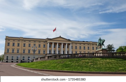 OSLO, NORWAY - May 17, 2019:  Panoramic View On The Royal Palace And Gardens In Oslo.The Royal Palace In Oslo, Norway is The Official Home Of The Present Norwegian Monarch.Norway.
