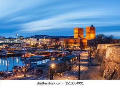 Oslo Norway, Night City Skyline At Oslo City Hall And Harbour