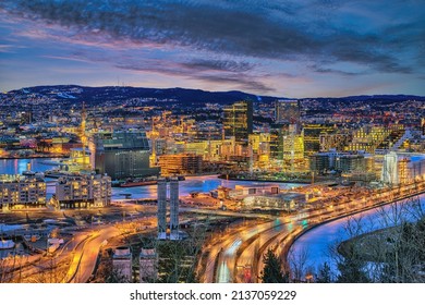 Oslo Norway, Night City Skyline At Business District And Barcode Project