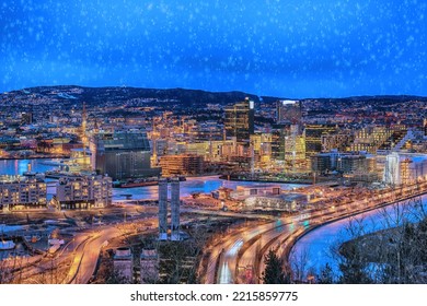 Oslo Norway, Night City Skyline At Business District And Barcode Project