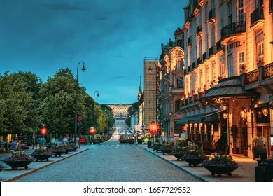 Oslo, Norway. Night View Karl Johans gate Street. Residential Multi-storey Houses In Centrum District. Summer Evening. Residential Area