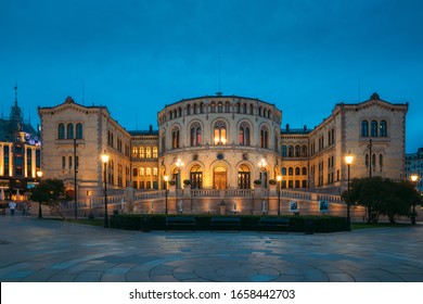 Oslo, Norway. Night View Of Storting Building. Parliament Of Norway Building.