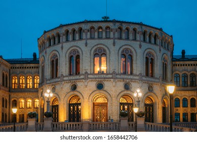 Oslo, Norway. Night View Of Storting Building. Parliament Of Norway Building.