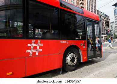 Oslo, Norway - September 16, 2016: Side View Of A Public Transport City Bus In Trafic For Ruter In Downtown Oslo.