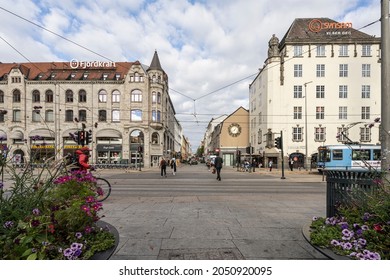 Oslo, Norway. September 2021.the panoramic view of the Karl Johans gate in the city center