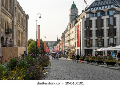 Oslo, Norway. September 2021.  view of people strolling in the Karl Johans gate in the city center