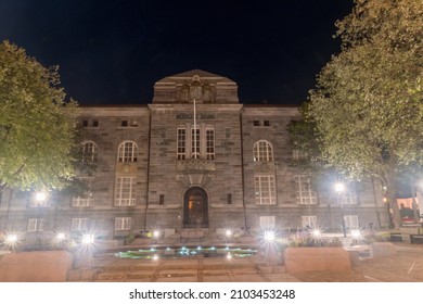 Oslo, Norway - September 24, 2021: Norges Bank at night. The old central bank of Norway.