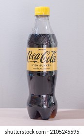 Oslo, Norway - September 24, 2021: Bottle of sugarless Coca-Cola Lemon.