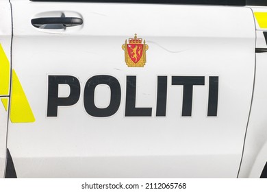 Oslo, Norway - September 25, 2021: Norwegian Police (politi) Sign On Police Car.