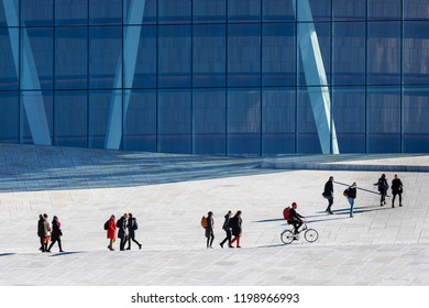 OSLO, NORWAY - SEPTEMBER 30, 2018: People Outside The Modern Opera House In Oslo City Centre, Norway