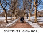 Oslo Norway, snow winter landscape at Vigeland Park with love couple tourist