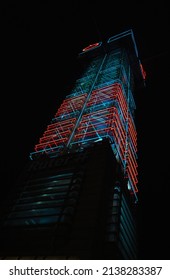 Oslo, Norway-November 22, 2021: Oslo City By Night. Tower Of Led Light.