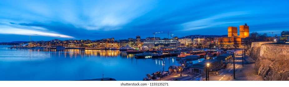 Oslo Panorama Night City Skyline At Oslo City Hall And Harbour, Oslo Norway