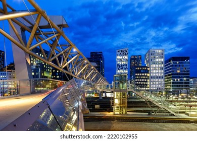 Oslo skyline modern city architecture buildings with a bridge at Barcode District by night travel in Norway