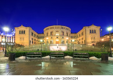 Oslo Stortinget Parliament At Dusk Norway