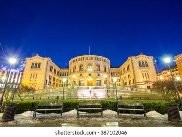 Oslo Stortinget Parliament At Dusk Norway