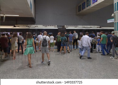 Osmanbey - ISTANBUL - August 27, 2019 : Subway with  the Yenikapi - Haciosman train line. Travel from Asia to Europe. TURKEY