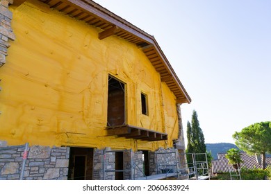 Osona, Spain - October 11, 2021: House Under Construction With Thermal Insulation With Polyurethane Foam