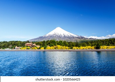 Osorno volcano and Llanquihue Lake, Parque Nacional Vicente Pérez Rosales, Lake District, Puerto Varas, Chile. - Shutterstock ID 1020566425